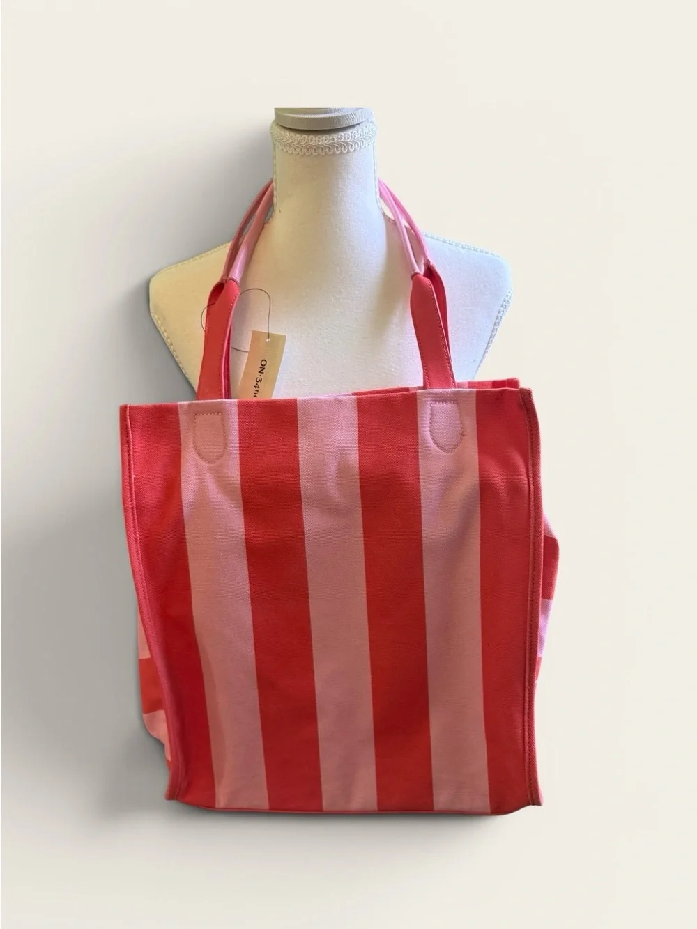 On Fifth Large Striped Pink & Orange Canvas Beach Bag Tote NWT, plus cosmeticbag